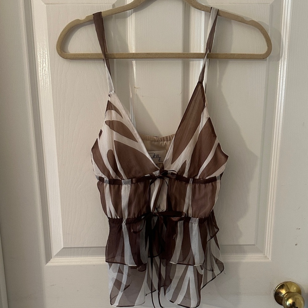 Milly Women's Brown and White Sheer Tiered  Top.  100% silk